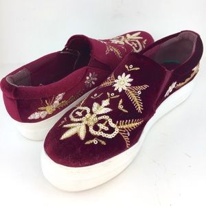 Red Velvet Embroidered Boho Slip Ons